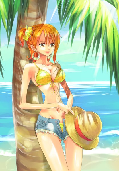 Anime picture 1299x1866 with one piece toei animation nami (one piece) himerinco (artist) single tall image short hair light erotic orange hair orange eyes one side up girl navel swimsuit plant (plants) hat earrings bikini tree (trees) water