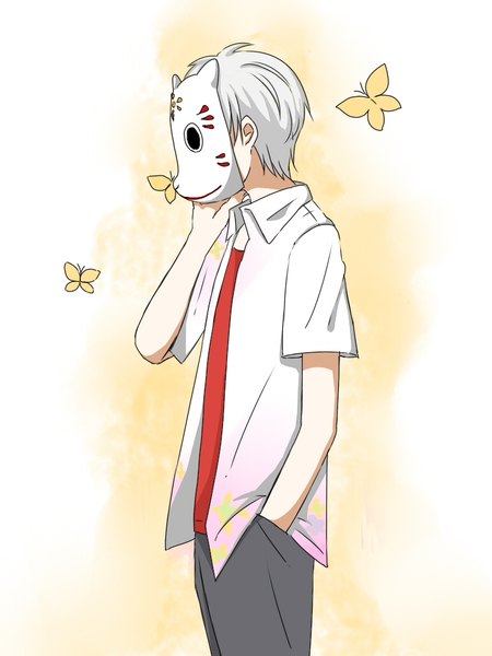 Anime picture 768x1024 with hotarubi no mori e gin (hotarubi no mori e) tundereasa single tall image short hair simple background standing white background white hair arm up short sleeves open shirt hand in pocket boy shirt white shirt insect butterfly pants