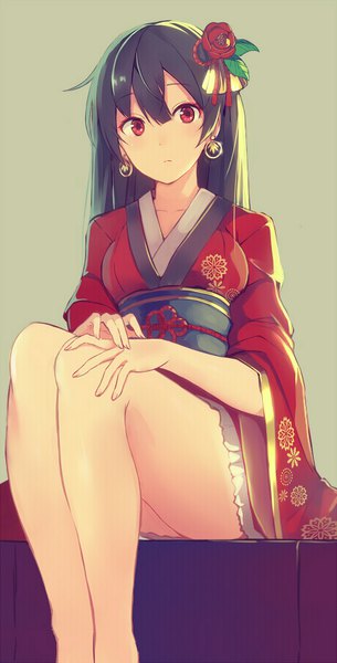 Anime picture 458x900 with original nakaichi (ridil) single long hair tall image looking at viewer blush fringe breasts hair between eyes sitting purple hair traditional clothes japanese clothes pink eyes hair flower wide sleeves hand on knee girl flower (flowers)