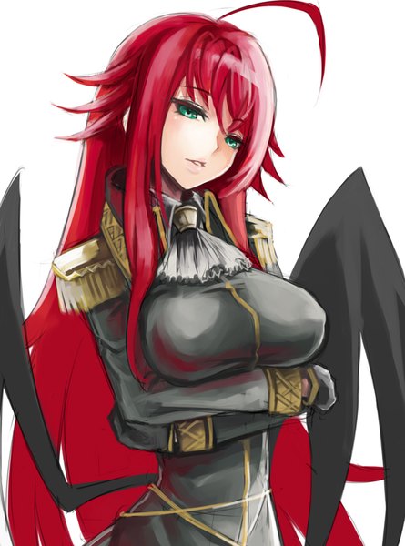 Anime picture 600x808 with highschool dxd rias gremory mila (artist) single long hair tall image fringe breasts light erotic simple background large breasts white background green eyes looking away upper body ahoge red hair breast hold low wings girl