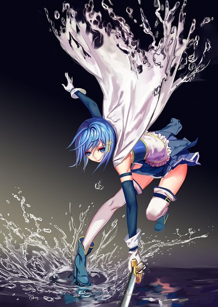 Anime picture 709x1002 with mahou shoujo madoka magica shaft (studio) miki sayaka inneanis single tall image looking at viewer short hair blue eyes blue hair liquid clothes girl thighhighs dress gloves weapon white thighhighs sword water white gloves