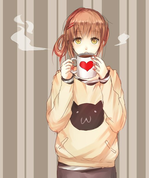 Anime picture 1074x1278 with original spazzytoaster single long hair tall image looking at viewer brown hair standing yellow eyes nail polish :3 heart print girl hair ornament animal heart hairclip cat sweater cup