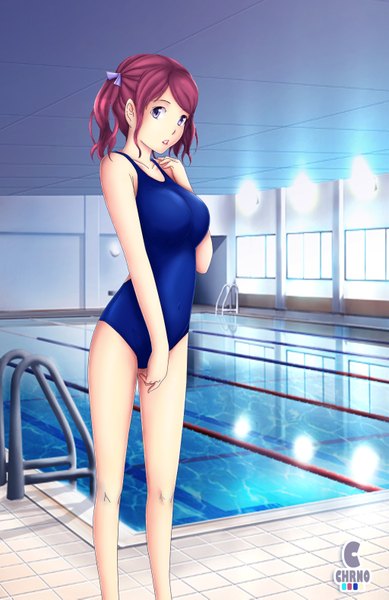 Anime picture 1024x1577 with amagami nakata sae lchrno single tall image looking at viewer short hair light erotic purple eyes pink hair legs girl swimsuit one-piece swimsuit school swimsuit pool