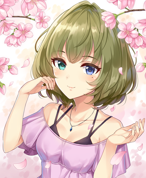 Anime picture 1149x1400 with idolmaster idolmaster cinderella girls takagaki kaede yuuhi (ages) single tall image looking at viewer blush fringe short hair breasts blue eyes simple background smile brown hair bare shoulders green eyes upper body fingernails mole