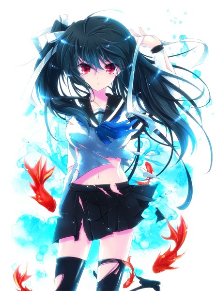 Anime picture 858x1155 with original ichiyou moka single long hair tall image looking at viewer black hair red eyes torn clothes girl thighhighs skirt ribbon (ribbons) black thighhighs hair ribbon serafuku fish (fishes) torn thighhighs