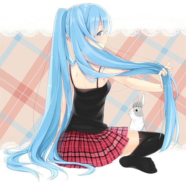 Anime picture 900x882 with vocaloid hatsune miku kurasawa moko long hair looking at viewer fringe short hair blue eyes sitting twintails bare shoulders blue hair bent knee (knees) pleated skirt looking back no shoes outstretched arm adjusting hair plaid skirt girl