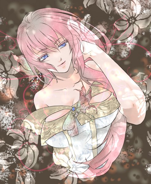 Anime picture 2432x2961 with vocaloid megurine luka single long hair tall image highres blue eyes bare shoulders pink hair girl dress flower (flowers)