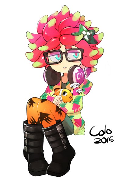 Anime picture 1280x1840 with splatoon nintendo anemo (splatoon) kumano (splatoon) colo (nagrolaz) tall image short hair simple background white background sitting signed looking away red hair parted lips aqua eyes text eyebrows eyeshadow english knees touching
