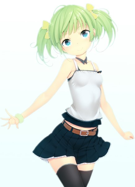 Anime picture 762x1050 with original zizi (zz22) single tall image looking at viewer short hair blue eyes smile white background twintails bare shoulders green hair zettai ryouiki short twintails girl thighhighs skirt bow black thighhighs hair bow