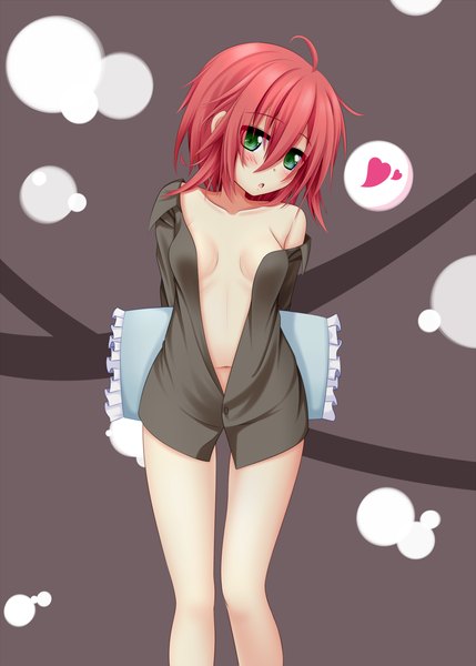 Anime picture 1072x1500 with original yoye (pastel white) single tall image looking at viewer blush short hair breasts open mouth light erotic green eyes red hair open clothes open shirt girl navel shirt heart