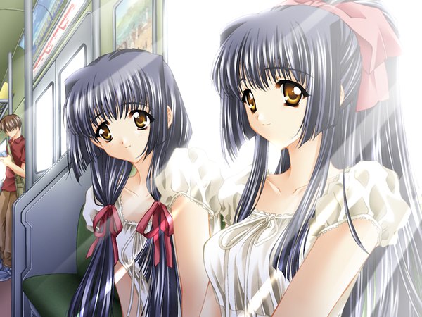 Anime picture 1200x900 with kao no nai tsuki kuraki suzuna kuraki mizuna carnelian long hair looking at viewer fringe breasts black hair smile hair between eyes sitting twintails multiple girls yellow eyes payot looking away game cg ponytail sunlight