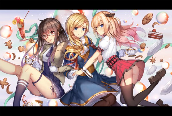 Anime picture 2500x1688 with azur lane hood (azur lane) leander (azur lane) london (azur lane) musynexsk looking at viewer blush fringe highres open mouth blue eyes light erotic blonde hair smile hair between eyes red eyes multiple girls holding pink hair ahoge