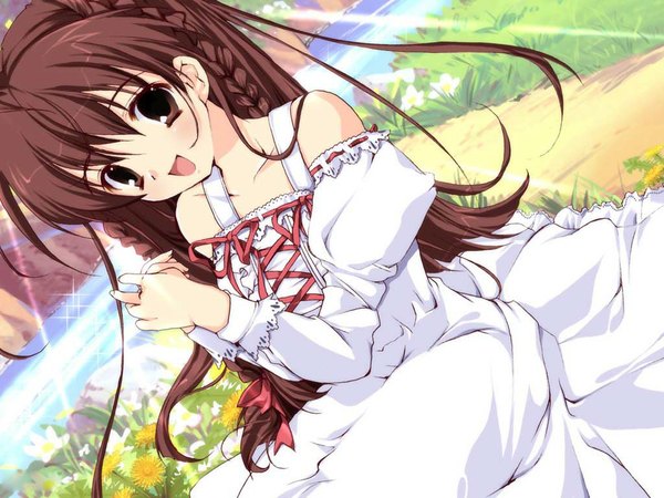 Anime picture 1024x768 with sister princess zexcs karen (sister princess) mikeou single long hair looking at viewer open mouth smile brown hair sitting bare shoulders brown eyes river girl dress plant (plants) white dress grass