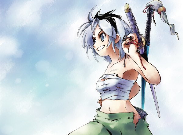 Anime picture 1200x888 with touhou konpaku youmu blue eyes smile white hair girl weapon sword hairband katana