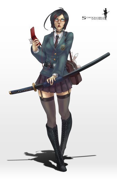 Anime picture 2278x3508 with monori rogue single tall image highres short hair breasts blue eyes black hair looking away shadow girl thighhighs uniform hair ornament weapon black thighhighs school uniform sword glasses necktie