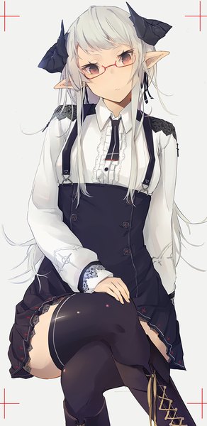Anime picture 630x1294 with original shu-cem single long hair tall image fringe simple background brown eyes bent knee (knees) pleated skirt pointy ears grey hair grey background crossed legs lacing hand on knee girl thighhighs skirt black thighhighs
