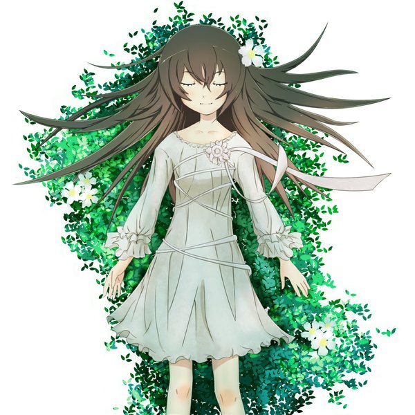 Anime picture 1000x1000 with original el (pixiv) single long hair simple background brown hair white background eyes closed hair flower girl dress hair ornament plant (plants)