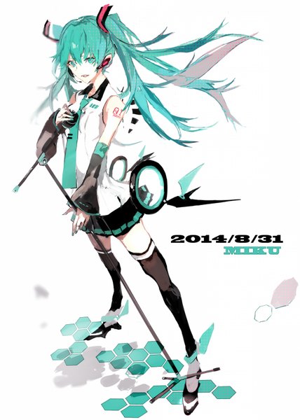 Anime picture 1200x1683 with vocaloid hatsune miku daken xdakn single tall image looking at viewer twintails very long hair aqua eyes aqua hair inscription tattoo happy birthday 2014 girl skirt detached sleeves miniskirt necktie