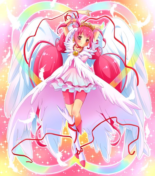 Anime picture 1606x1825 with precure smile precure! toei animation hoshizora miyuki cure happy kuune rin single long hair tall image blush purple eyes twintails pink hair girl dress ribbon (ribbons) wings boots feather (feathers) tiara
