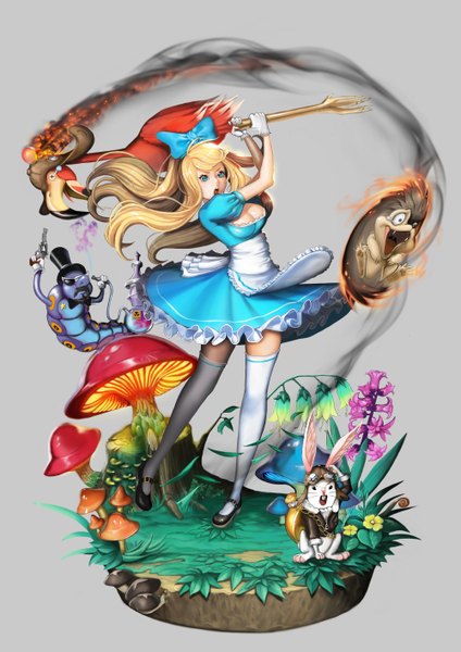 Anime picture 4000x5658 with alice in wonderland alice (wonderland) silvester long hair tall image highres open mouth blue eyes blonde hair absurdres ponytail girl thighhighs dress flower (flowers) bow hair bow animal white thighhighs bunny