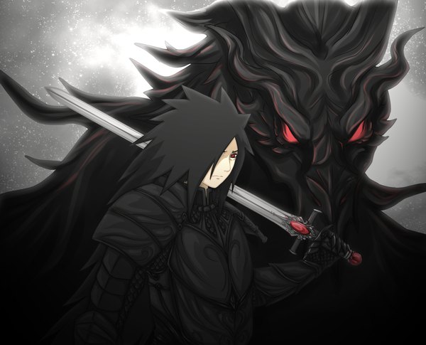 Anime picture 2100x1700 with naruto studio pierrot naruto (series) uchiha madara fireeaglespirit single long hair looking at viewer fringe highres black hair red eyes holding sky upper body hair over one eye grey background sparkle light fantasy