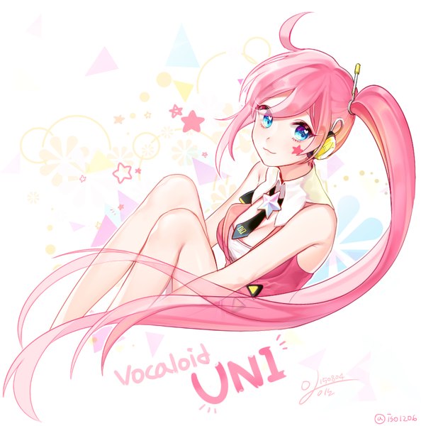 Anime picture 809x818 with vocaloid uni (vocaloid) kakon single long hair tall image smile bare shoulders signed looking away pink hair ahoge bent knee (knees) copyright name character names facial mark side ponytail dated girl headphones