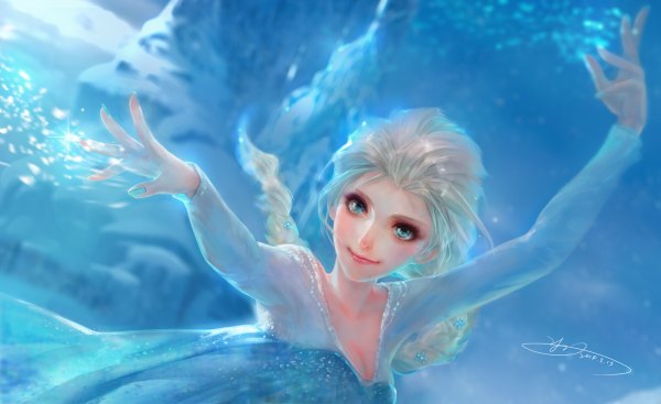Anime picture 2400x1468 with frozen (disney) disney elsa (frozen) yu-han single long hair highres blue eyes blonde hair smile wide image signed braid (braids) outstretched arm magic single braid snowing spread arms transparent girl