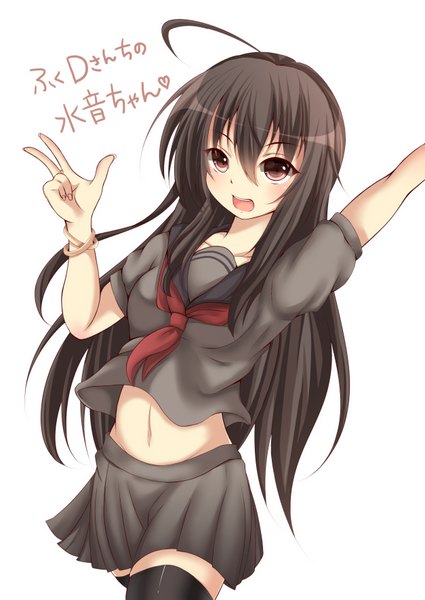 Anime picture 2507x3541 with original yamasuta single long hair tall image looking at viewer highres open mouth black hair simple background red eyes white background girl skirt navel miniskirt serafuku bracelet