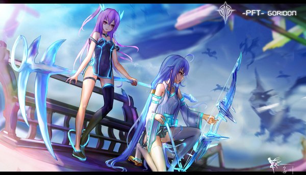 Anime picture 1500x860 with original pixiv fantasia pixiv fantasia t wangchuan de quanyan long hair looking at viewer fringe breasts light erotic smile wide image multiple girls blue hair purple hair pink eyes side ponytail letterboxed girl thighhighs weapon