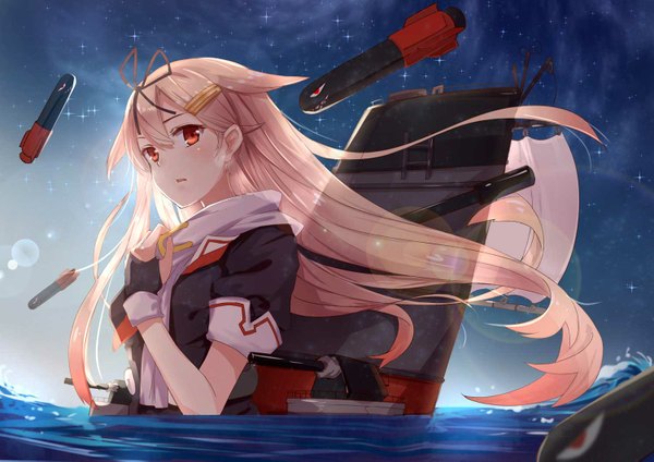 Anime picture 1500x1061 with kantai collection yuudachi destroyer byakuya reki lf single long hair looking at viewer fringe blonde hair red eyes pink hair sky parted lips multicolored hair wind night sparkle short sleeves night sky lens flare