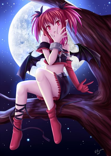 Anime picture 992x1402 with original villyane single long hair tall image blush open mouth light erotic red eyes twintails bare shoulders red hair night night sky bat wings girl gloves ribbon (ribbons) plant (plants) wings