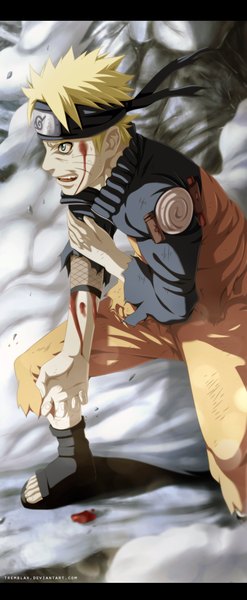 Anime picture 879x2135 with naruto studio pierrot naruto (series) uzumaki naruto tremblax single tall image short hair open mouth blue eyes blonde hair coloring torn clothes facial mark letterboxed smoke whisker markings angry jinchuriki boy