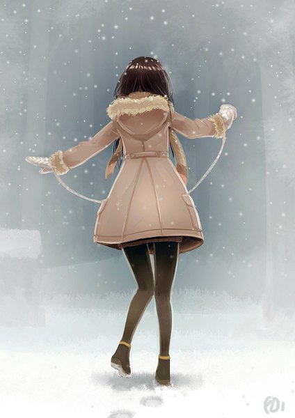 Anime picture 620x877 with original bail single long hair tall image brown hair standing signed bent knee (knees) from behind fur trim standing on one leg snowing spread arms snow leg lift (legs lift) girl pantyhose scarf fur