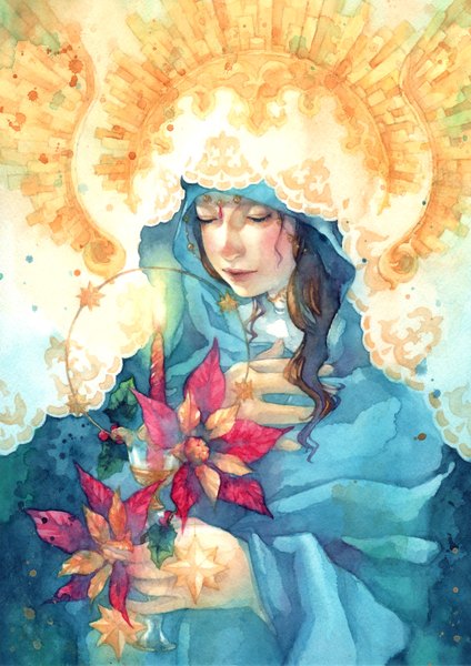 Anime picture 1060x1500 with original shuka (artist) single long hair tall image brown hair traditional media watercolor (medium) girl flower (flowers) star (symbol) hood jewelry
