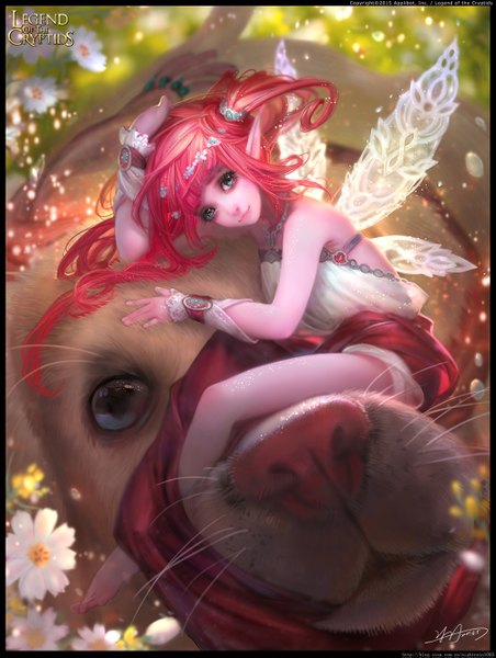 Anime picture 1000x1327 with legend of the cryptids yu-han single long hair tall image looking at viewer green eyes signed pink hair pointy ears inscription fantasy insect wings fairy girl animal wings