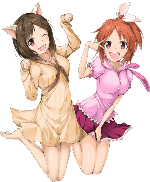 Anime picture 1477x1792 with solru (tyappygain) tall image looking at viewer blush short hair open mouth red eyes brown hair multiple girls animal ears one eye closed barefoot wink cat ears orange hair legs transparent background girl dress 2 girls