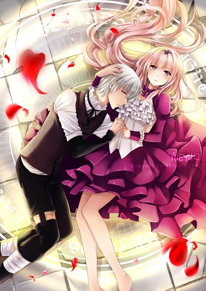 Anime picture 827x1169 with original yueyuki long hair tall image short hair pink hair silver hair lying parted lips orange eyes hug holding hands silver eyes girl dress boy petals frills hairband suit