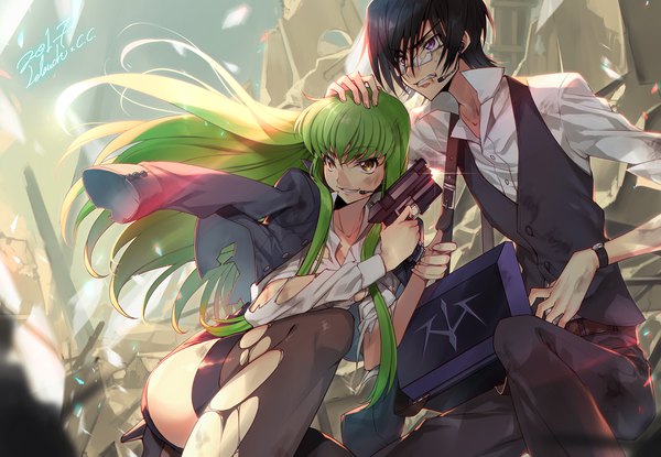 Anime picture 1200x831 with code geass sunrise (studio) c.c. lelouch lamperouge creayus long hair fringe short hair breasts light erotic black hair hair between eyes purple eyes holding yellow eyes green hair wind sunlight hair over one eye sweat