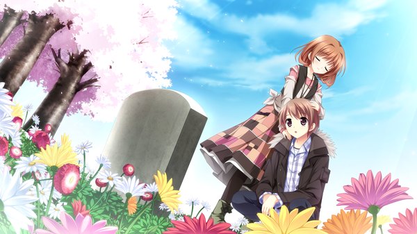 Anime picture 2560x1440 with otome ga tsumugu koi no canvas inui yuki kimishima ao highres short hair red eyes brown hair wide image game cg eyes closed couple cherry blossoms girl boy flower (flowers) plant (plants) tree (trees) tombstone