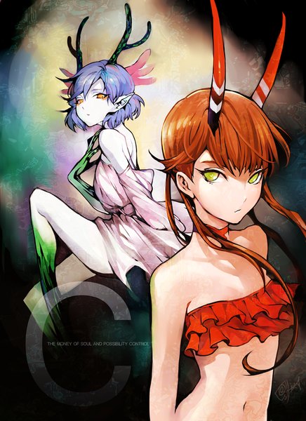Anime picture 744x1024 with c: the money of soul and possibility control mashu (c) q (control) fishine long hair tall image fringe short hair hair between eyes brown hair bare shoulders multiple girls green eyes purple hair horn (horns) pointy ears orange eyes girl dress navel