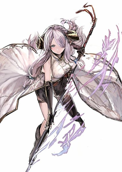 Anime picture 708x1000 with granblue fantasy narmaya (granblue fantasy) samuraig single long hair tall image blush fringe breasts blue eyes simple background large breasts standing white background holding silver hair braid (braids) horn (horns) light smile from above