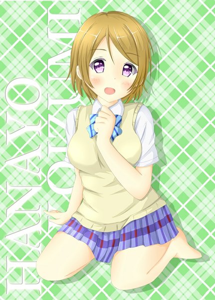 Anime picture 575x800 with love live! school idol project sunrise (studio) love live! koizumi hanayo tear yu single tall image looking at viewer blush short hair open mouth blonde hair simple background purple eyes girl skirt uniform school uniform shirt white shirt