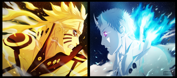 Anime picture 3247x1446 with naruto studio pierrot naruto (series) uzumaki naruto uchiha obito tobi kortrex highres short hair blonde hair red eyes wide image white hair profile pink eyes horn (horns) night multiple boys night sky grin