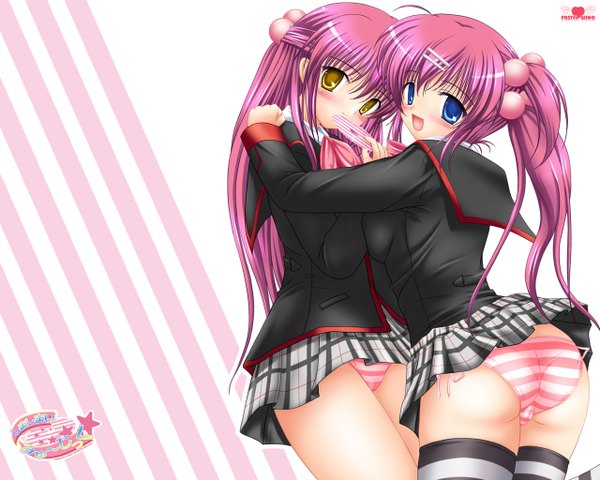 Anime picture 1280x1024 with little busters! key (studio) saigusa haruka futaki kanata kisaragi mic long hair blush open mouth blue eyes light erotic multiple girls yellow eyes purple hair looking back hug girl thighhighs underwear panties 2 girls