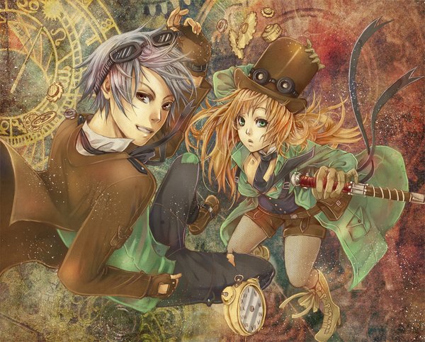 Anime picture 1000x805 with original miyuli long hair looking at viewer fringe short hair blonde hair brown eyes green eyes full body looking back arm up grey hair open jacket clenched teeth goggles on head weightlessness zodiac steam punk girl