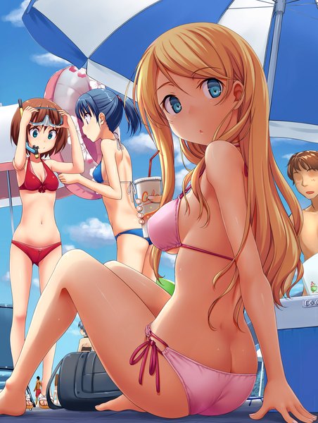 Anime picture 905x1200 with original takayaki long hair tall image looking at viewer short hair blue eyes light erotic blonde hair brown hair multiple girls blue hair sky cloud (clouds) looking back girl boy navel swimsuit bikini