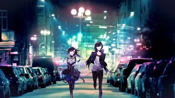 Anime picture 1920x1080 with vampire kisses raven (vk) alexander sterling kazuaki highres short hair open mouth black hair red eyes wide image open clothes open jacket city lights running girl dress boy pendant ground vehicle car