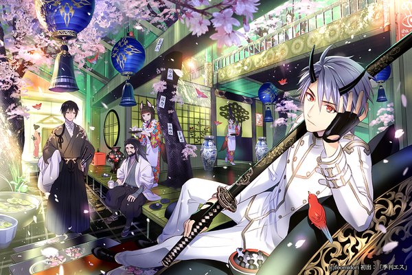 Anime picture 1350x900 with original midori foo long hair fringe short hair black hair hair between eyes red eyes brown hair sitting signed animal ears purple hair indoors tail traditional clothes japanese clothes animal tail horn (horns) sunlight