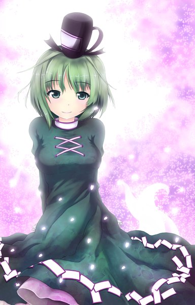 Anime picture 1280x2000 with touhou soga no tojiko hiromi (artist) single tall image short hair smile green eyes green hair girl dress petals