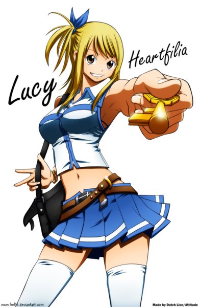 Anime picture 1000x1530 with fairy tail lucy heartfilia lml14 single long hair tall image simple background blonde hair smile white background brown eyes pleated skirt inscription midriff coloring girl thighhighs skirt navel bow